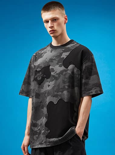 Custom Camouflage Patchwork T-Shirt – Black & Grey